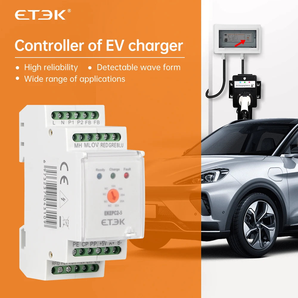 ETEK EKEPC2 EV Charger Station Cable Socket Controller 32A AC 240V with RCMU LCD DLB CT Electronic Protocol