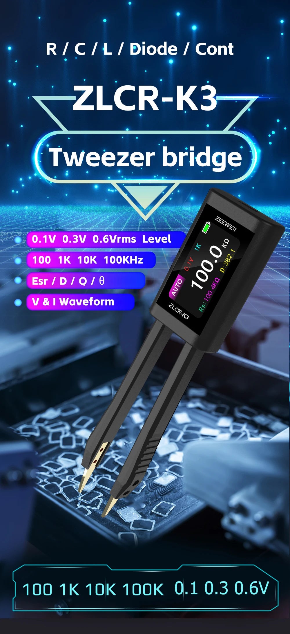 ZEEWEII New ZLCR-K3 LCR Tweezers Digital Bridge ESR Meter SMD 100Khz Electronic Component Multifunctional LRC Tester Tool