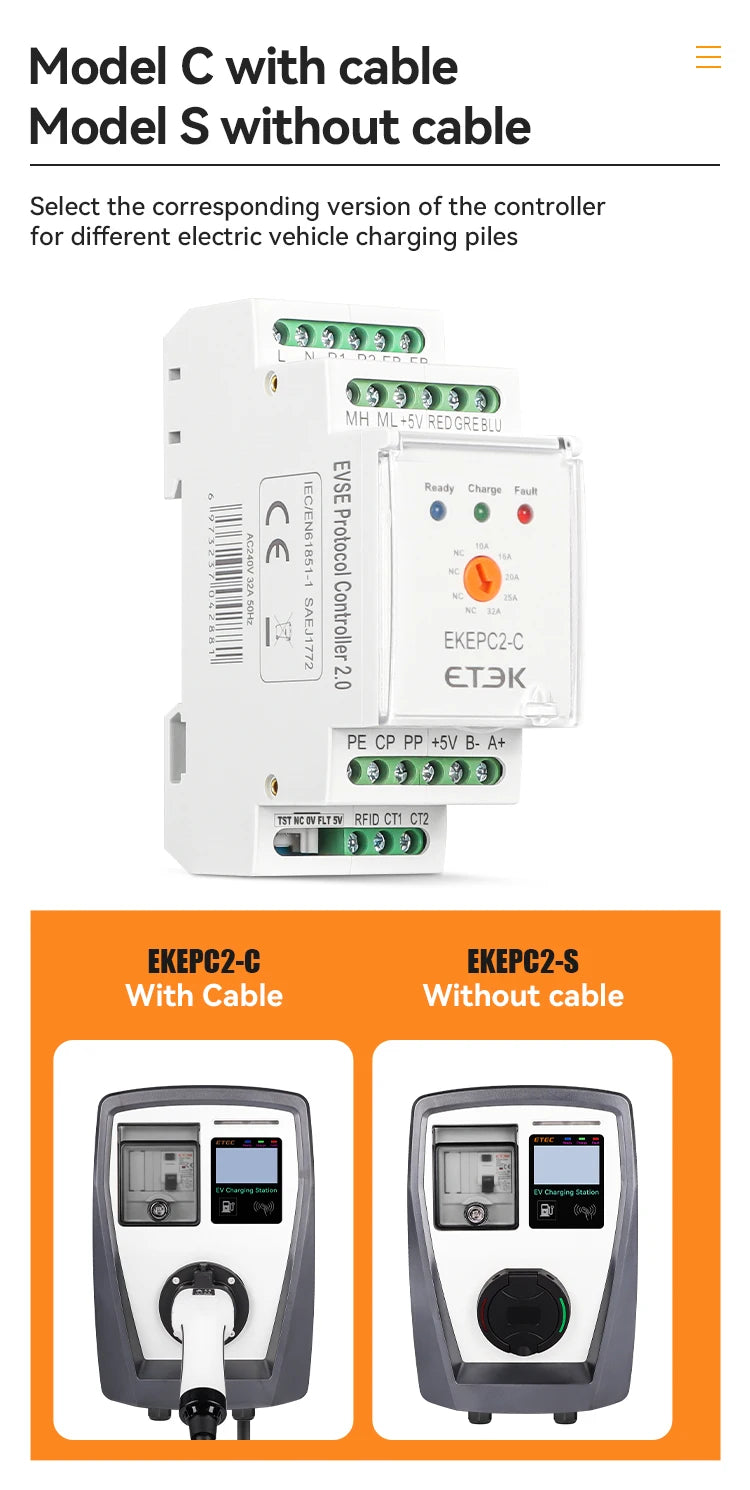 ETEK Evse Controller/RCMU/LCD/DLB CT, Electronic Protocol EPC Chontroller EV Charger Station Cable Socket 32A AC 240V EKEPC2