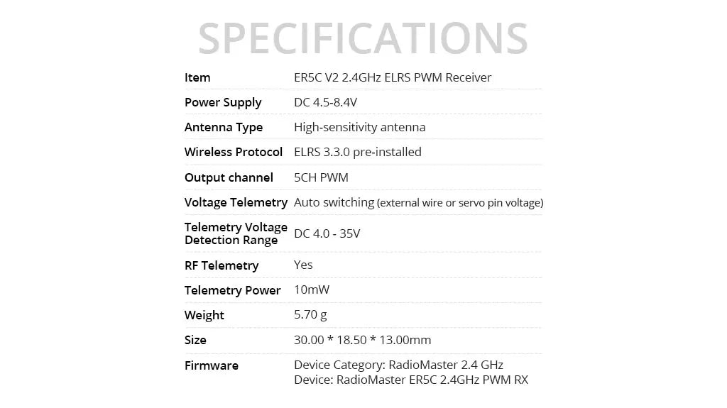 RadioMaster ER5C V2 2.4GHz ELRS PWM Receiver for Surface Marine RC Applications