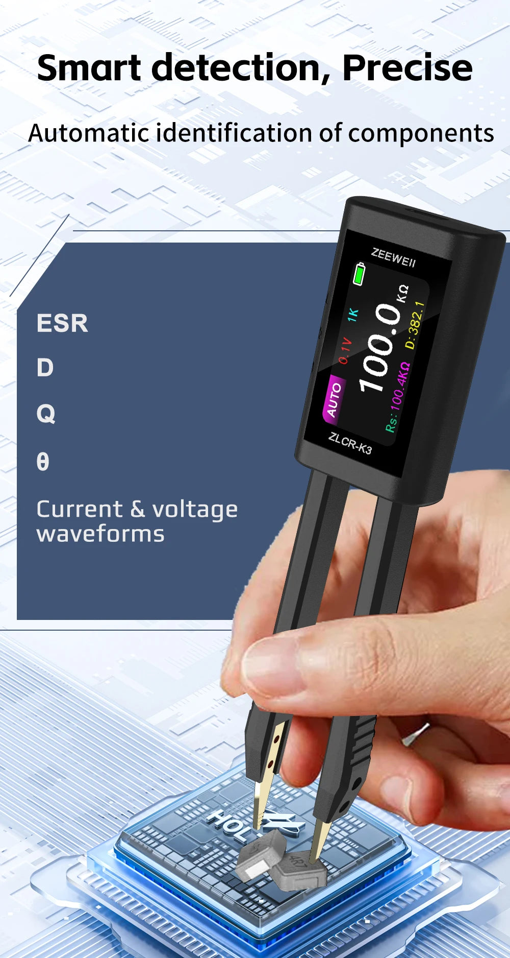 ZEEWEII New ZLCR-K3 LCR Tweezers Digital Bridge ESR Meter SMD 100Khz Electronic Component Multifunctional LRC Tester Tool
