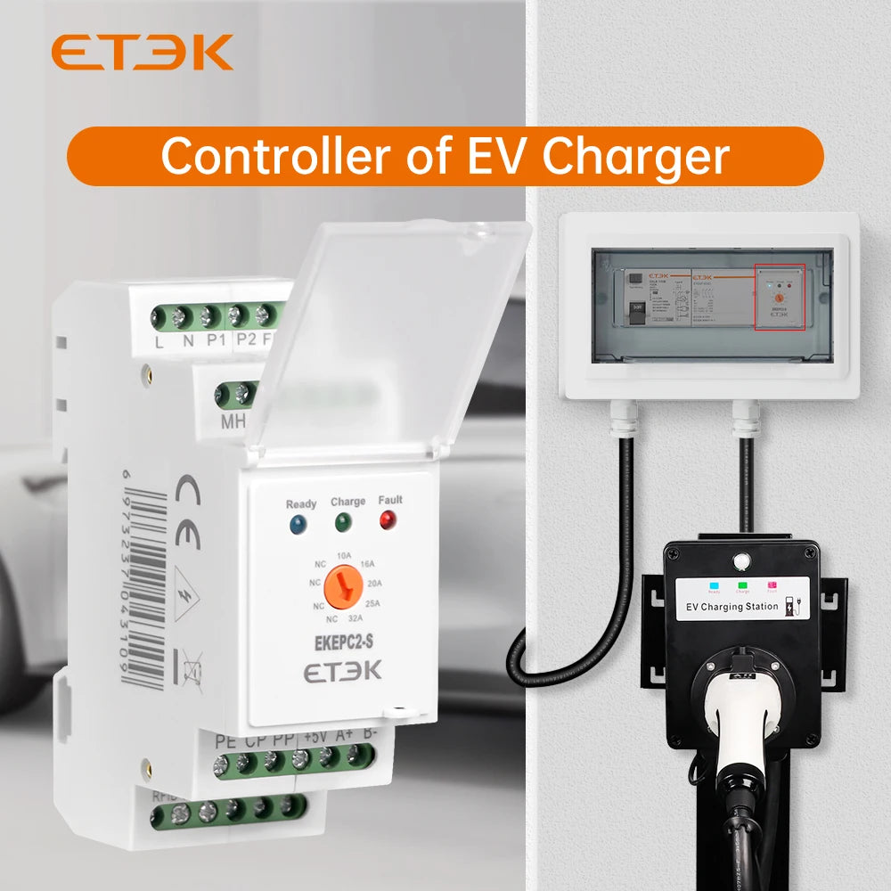 ETEK EKEPC2 EV Charger Station Cable Socket Controller 32A AC 240V with RCMU LCD DLB CT Electronic Protocol