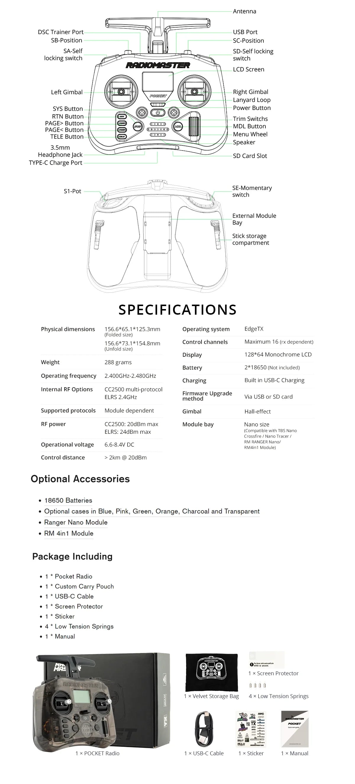 Radiomaster Pocket EdgeTX 2.4G Radio Controller FCC LBT (Mode2 Left-handed Throttle ) CC2500 / ELRS Hall Gimbal Transmitter