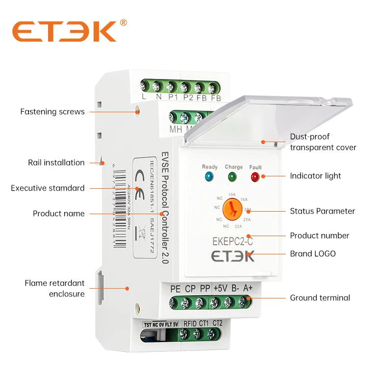 ETEK Evse Controller/RCMU/LCD/DLB CT, Electronic Protocol EPC Chontroller EV Charger Station Cable Socket 32A AC 240V EKEPC2