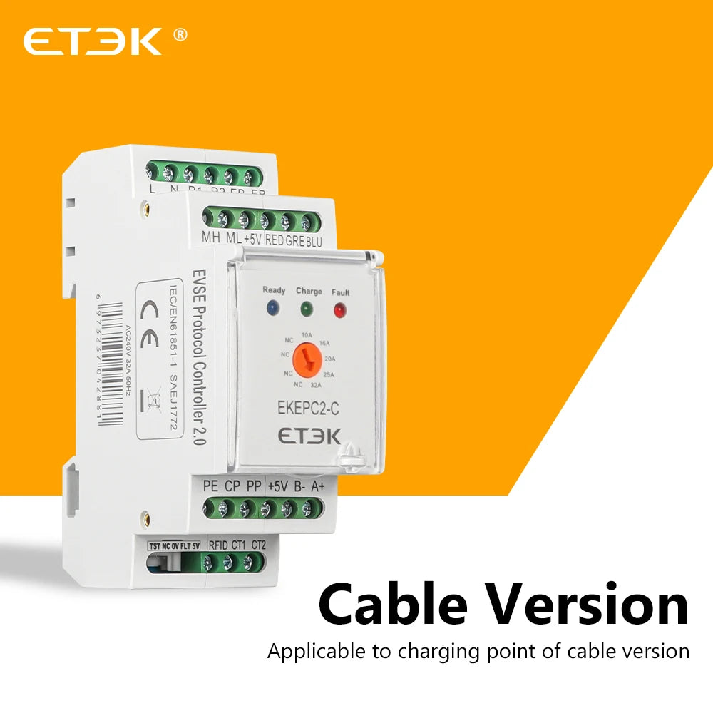 ETEK EKEPC2 EV Charger Station Cable Socket Controller 32A AC 240V with RCMU LCD DLB CT Electronic Protocol