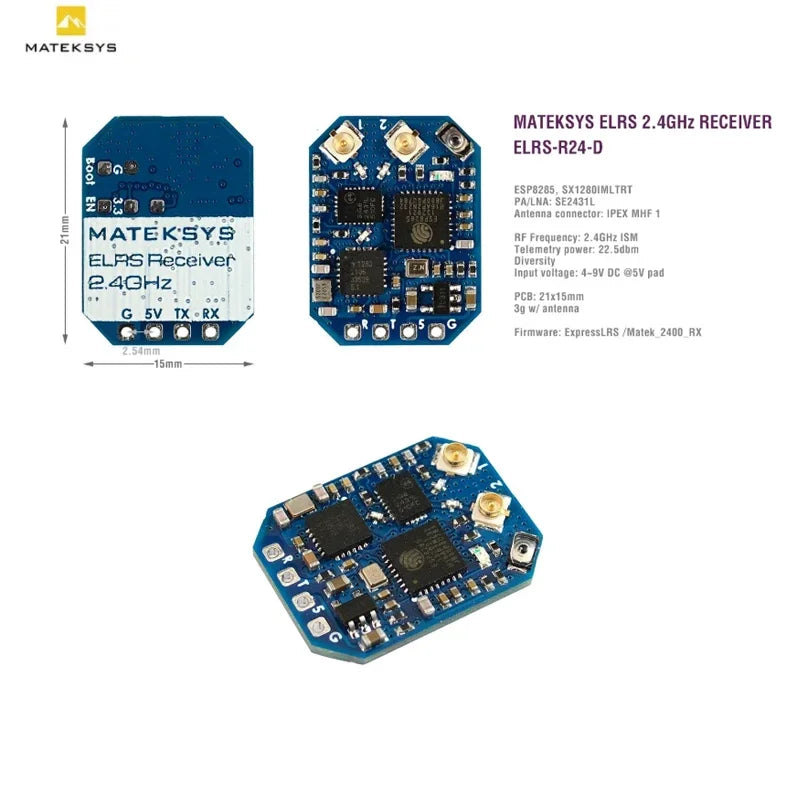 MATEKSYS ELRS-R24-D 2.4G Receiver - ELRS Protocol, CRSF, Nano/Micro/Mini Size, for FPV Racing Freestyle Long-Range RC Systems