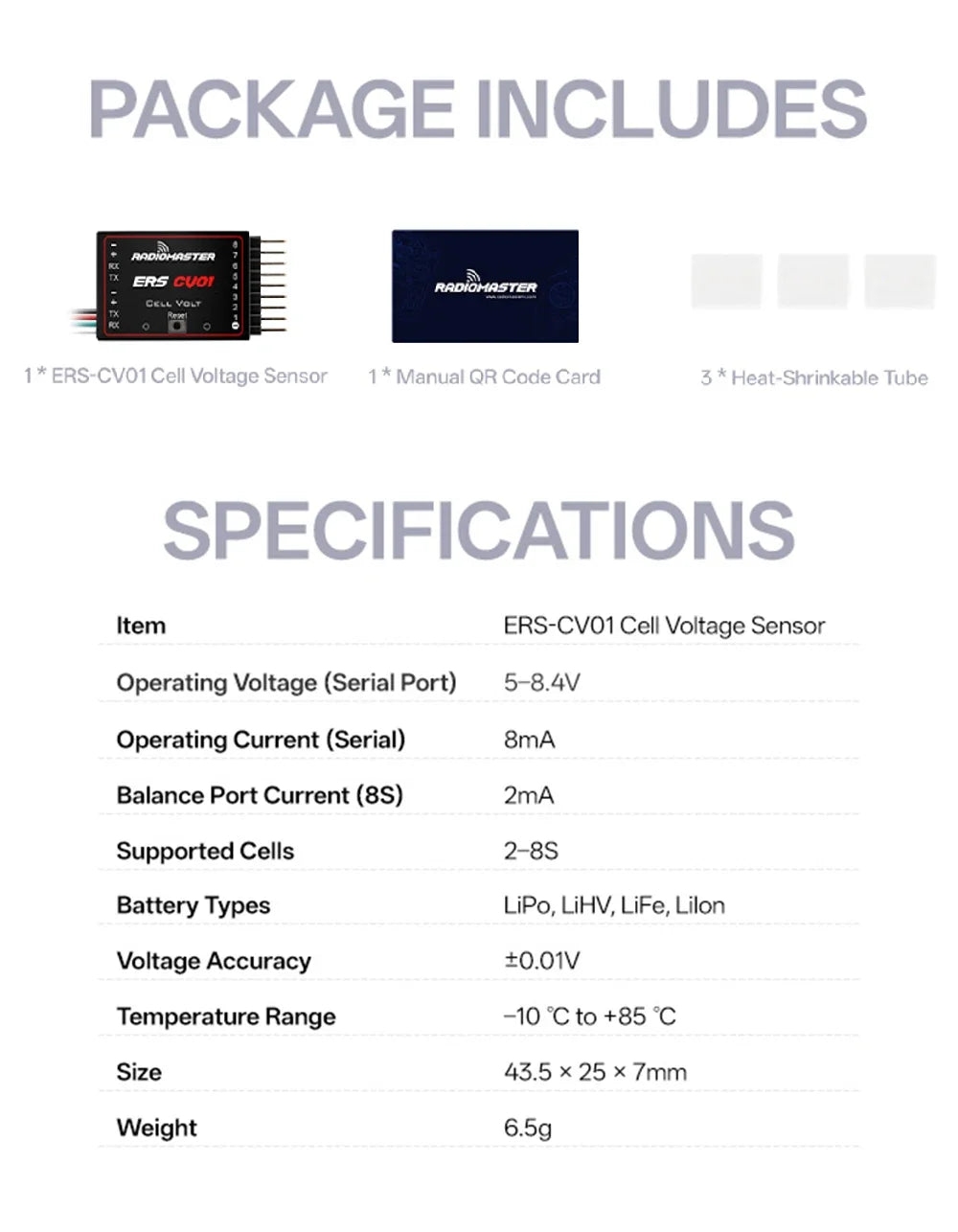 RadioMaster ERS Sensor Series 5-8.4V CV01 CU01 BA01 RB01 RC01 for ExpressLRS PWM Receivers ER6 ER8 ER8G ER8GV