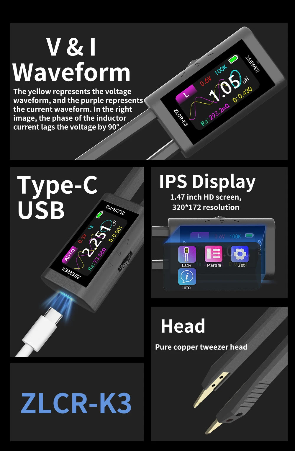 ZEEWEII New ZLCR-K3 LCR Tweezers Digital Bridge ESR Meter SMD 100Khz Electronic Component Multifunctional LRC Tester Tool