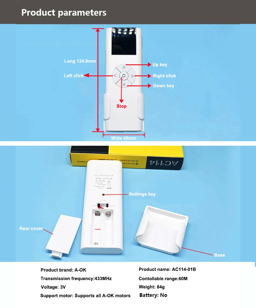 Electric Curtain Single Channel  Control RF433  Wireless Remote Controller for Motorized Projector Screen Spare Part A-OK Motor
