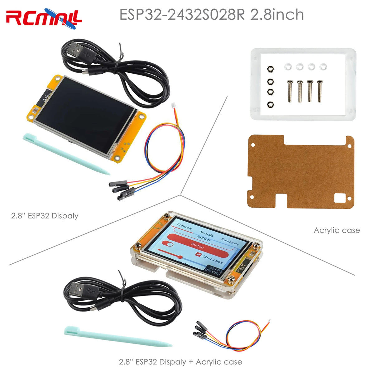 RCmall 2.8'' ESP32 Display ESP32-2432S028R 240*320 2.8inch LCD TFT Module ILI9341 Driver Resistive Touchscreen for Arduino IoT